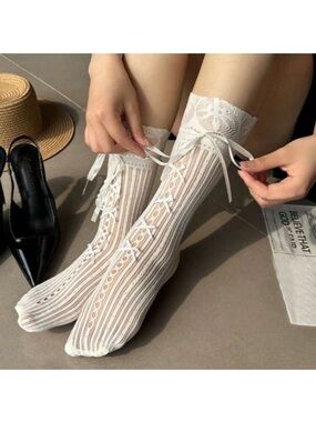 2 Pairs Lolita Style Lace Trim Knee High Socks With Bow For Women, Spring Summer